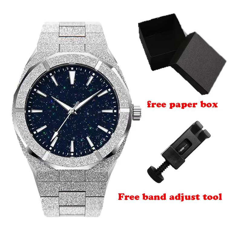 5ATM étanche tout en acier inoxydable aiguilles lumineuses bijoux givré Relogios Masculino homme montre à Quartz