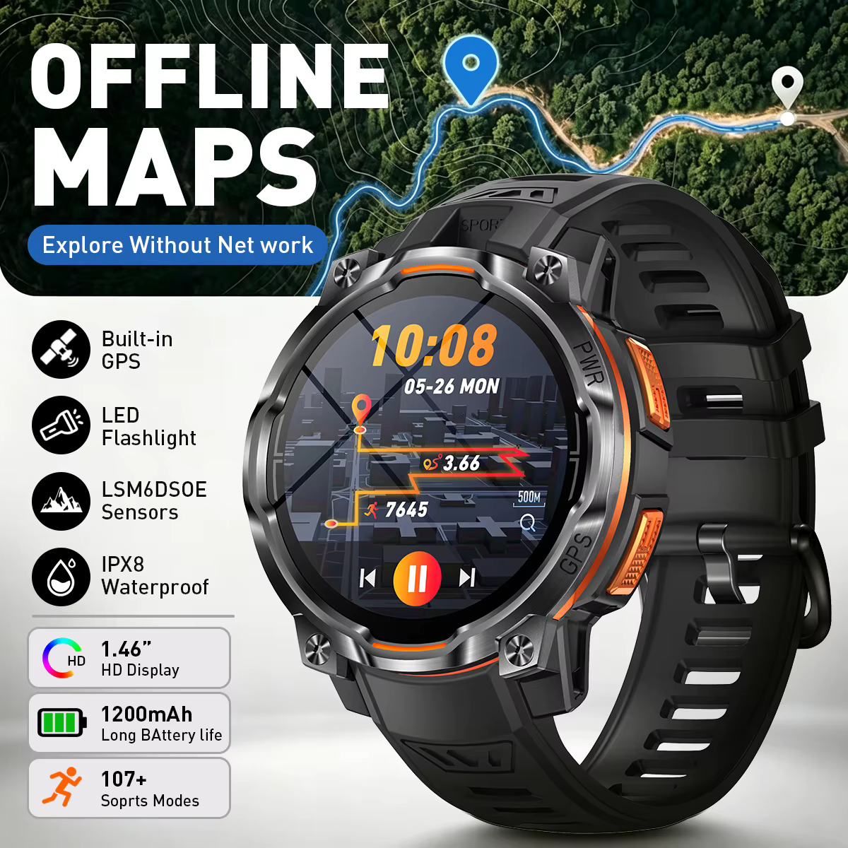 Montre de navigation intelligente avec carte GPS 2026, batterie 1200 mAh, boussole intégrée, ChatGPT, suivi de la santé, étanche, bracelet de sport militaire