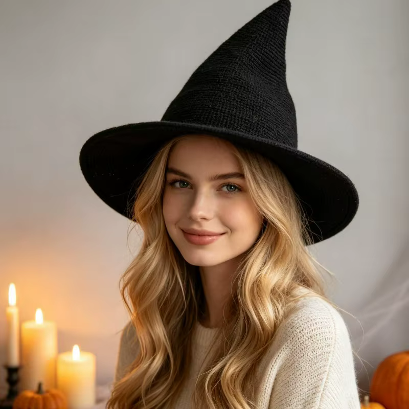 Chapeau de sorcière d'Halloween tricoté à pointe pour femme, accessoire de costume à large bord en polyester doux et chaud, idéal pour cosplay, fête, style gothique, bordeaux