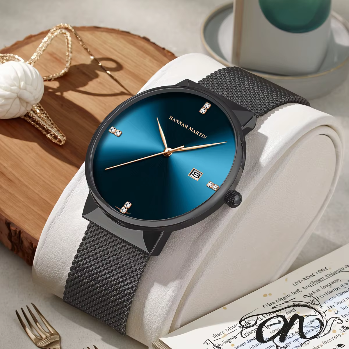 Hannah Martin montre pour hommes avec mouvement importé japonais affaires en acier inoxydable maille ceinture 3Bar