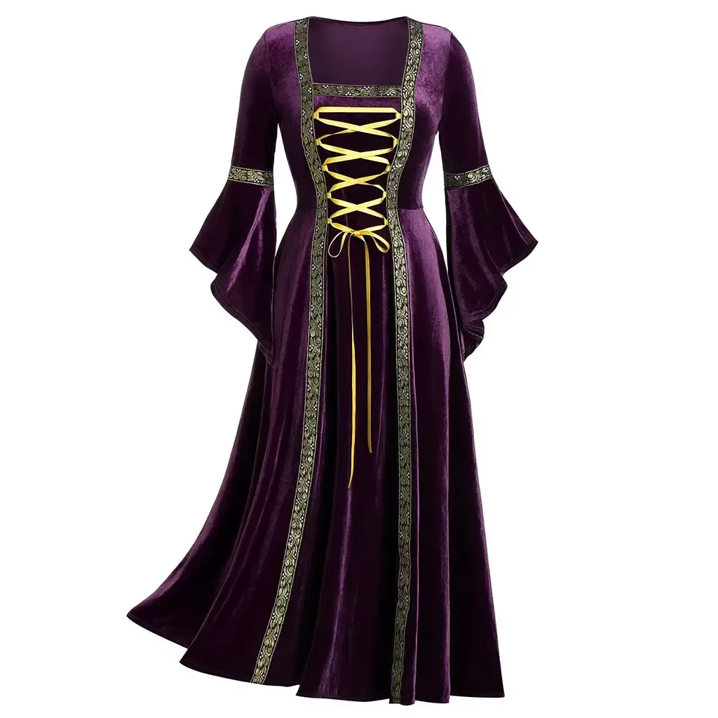Robe d'halloween pour femmes, Costumes pour femmes, manches longues, Cosplay médiéval, Vintage, Vampire, sorcière, victorienne, gothique, robe à bandes