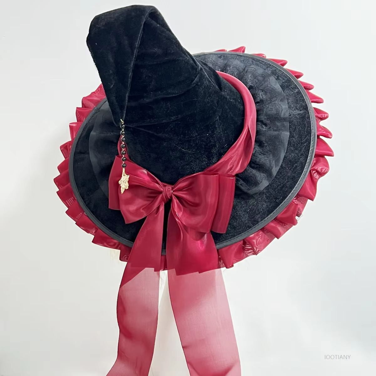 Chapeau magique de sorcière pour fête d'halloween, Costume de carnaval pour fille, gothique, Lolita foncée, nœud de Cosplay, noir, tordu, à volants, accessoire de chapeau de magicien