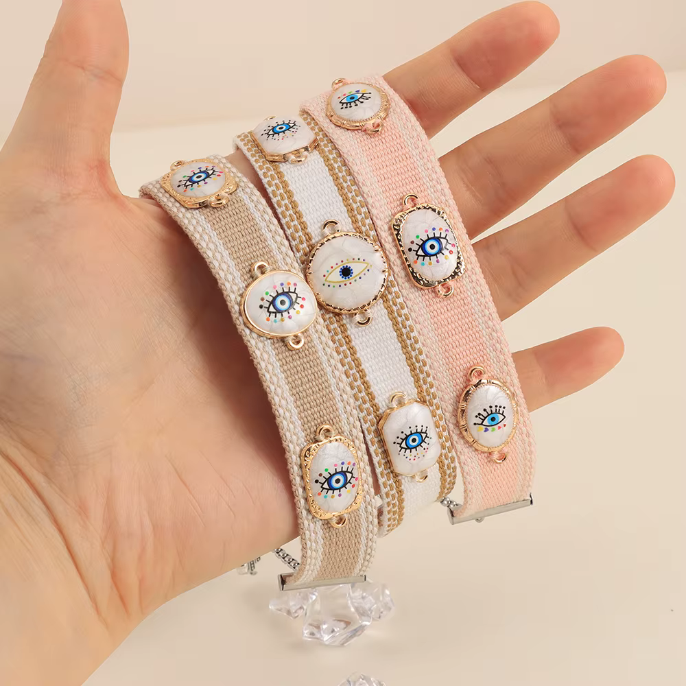 Bracelets tissés mauvais yeux avec breloques, bracelets empilables en tissu