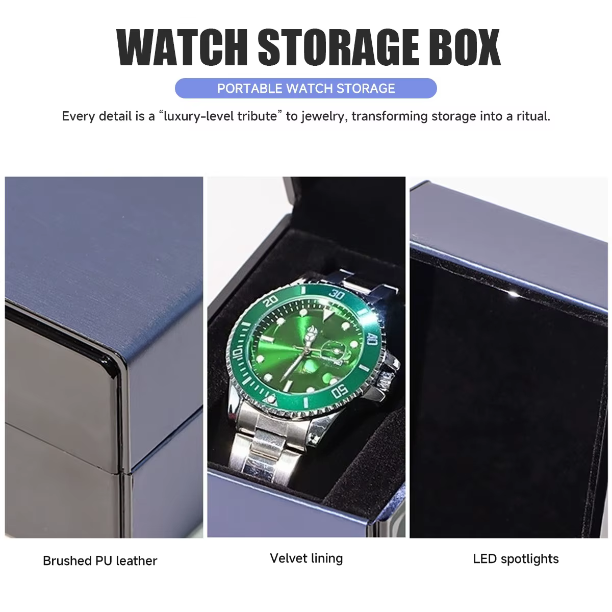 Boîte à montre de luxe en cuir PU avec lumière LED