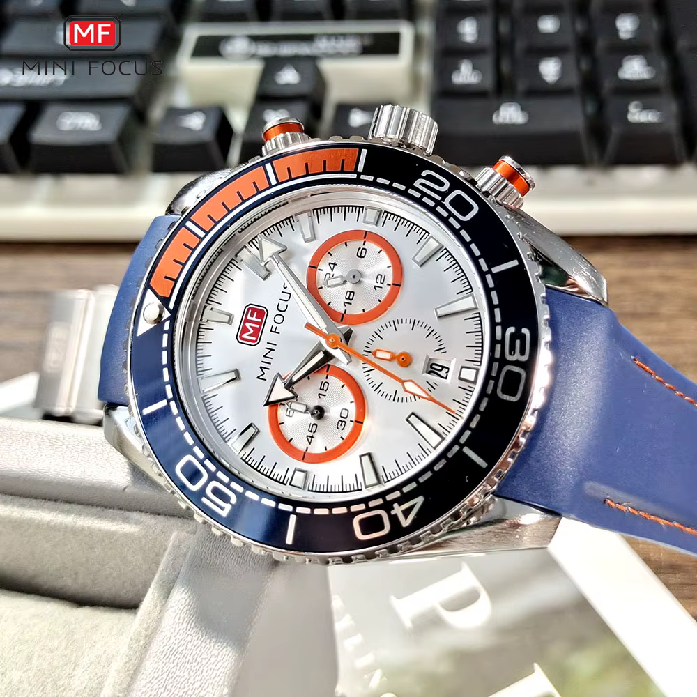 MINI FOCUS chronographe montres à Quartz pour hommes montre-bracelet de Sport de mode avec Date automatique indicateur 24 heures bracelet en Silicone bleu 0426