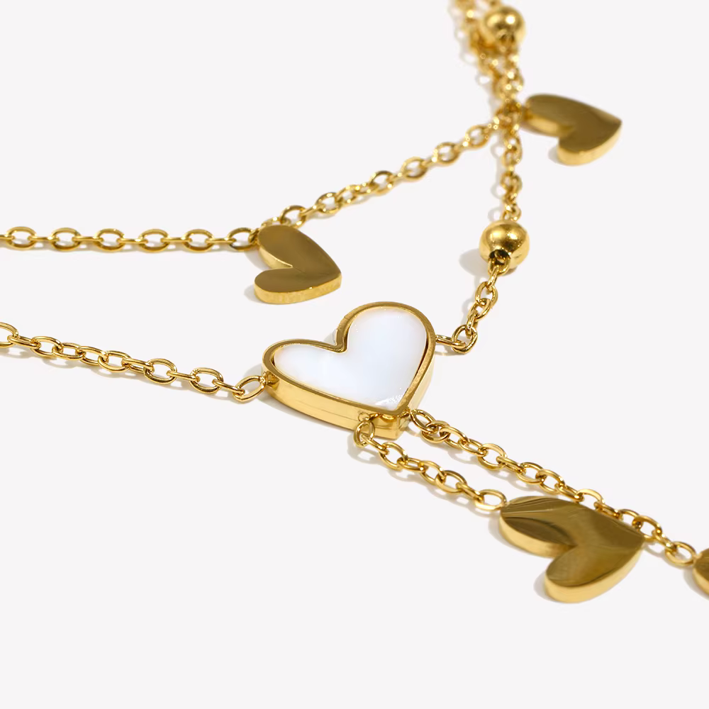 E.B.belle-Bracelet de cheville double couche en forme de cœur pour femme, bracelet de cheville pompon blanc et beige, plaqué or 18 carats, acier inoxydable SION L