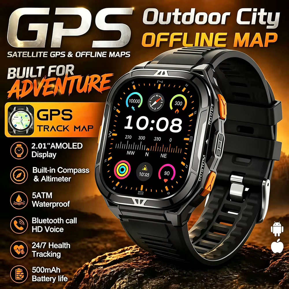 Nouvelle Montre Connectée GPS 2026 Étanche 5ATM avec Carte Hors Ligne Intégrée et Boussole, Montre de Sport Militaire, 170+ Modes Sportifs, Smartwatch de Natation pour Hommes