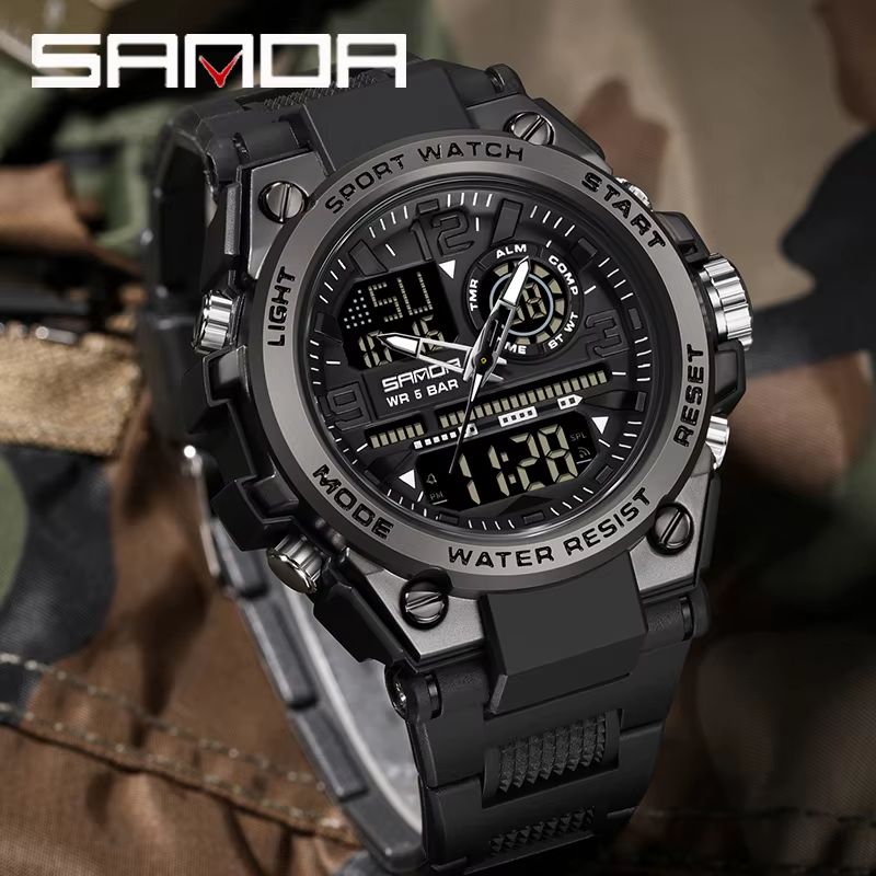 SANDA hommes sport montres à Quartz double affichage LED électronique numérique