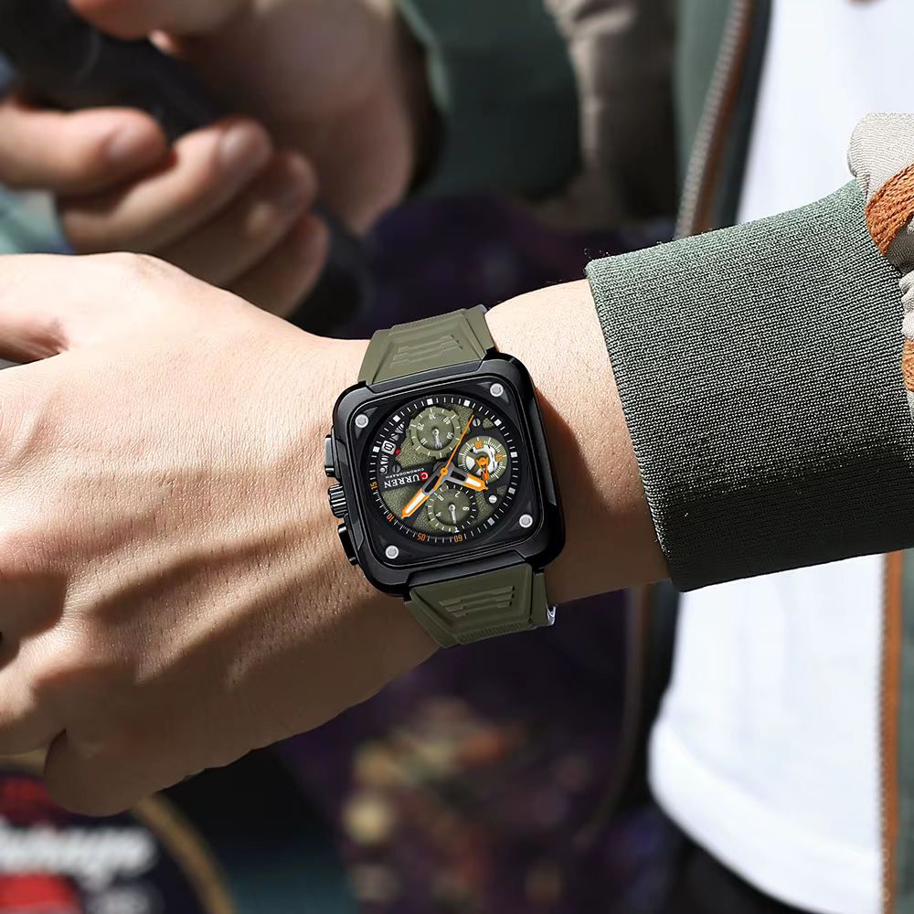CURREN montres pour hommes marque sportive cadran carré Unique avec chronographe montre-bracelet à Quartz pour homme avec bracelet en Silicone étanche