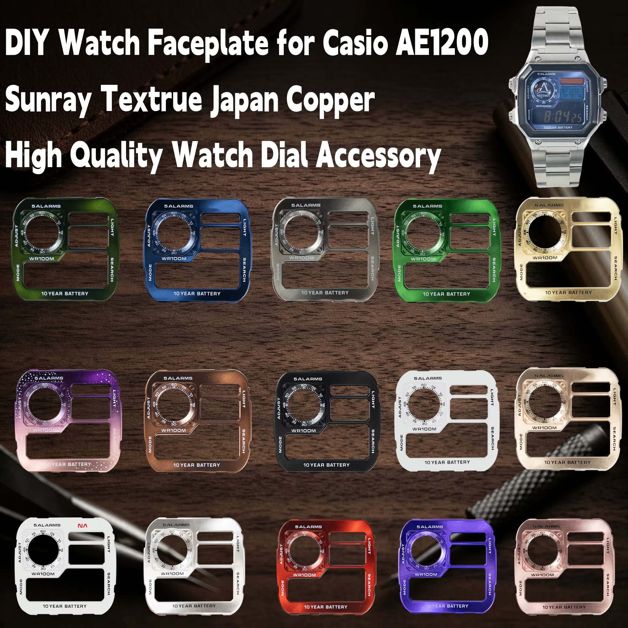 Cadran de montre DIY à texture rayons de soleil compatible avec Casio AE1200