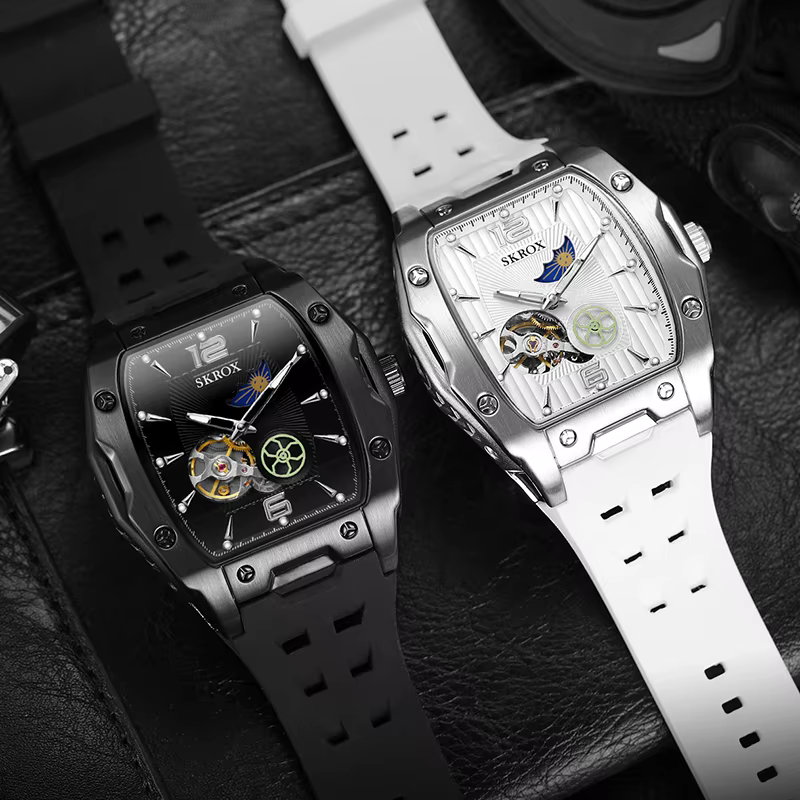 SKROX Designer luxe Phase de lune Toubillon mouvement automatique horloge mécanique haute qualité étanche Silicone montres pour hommes