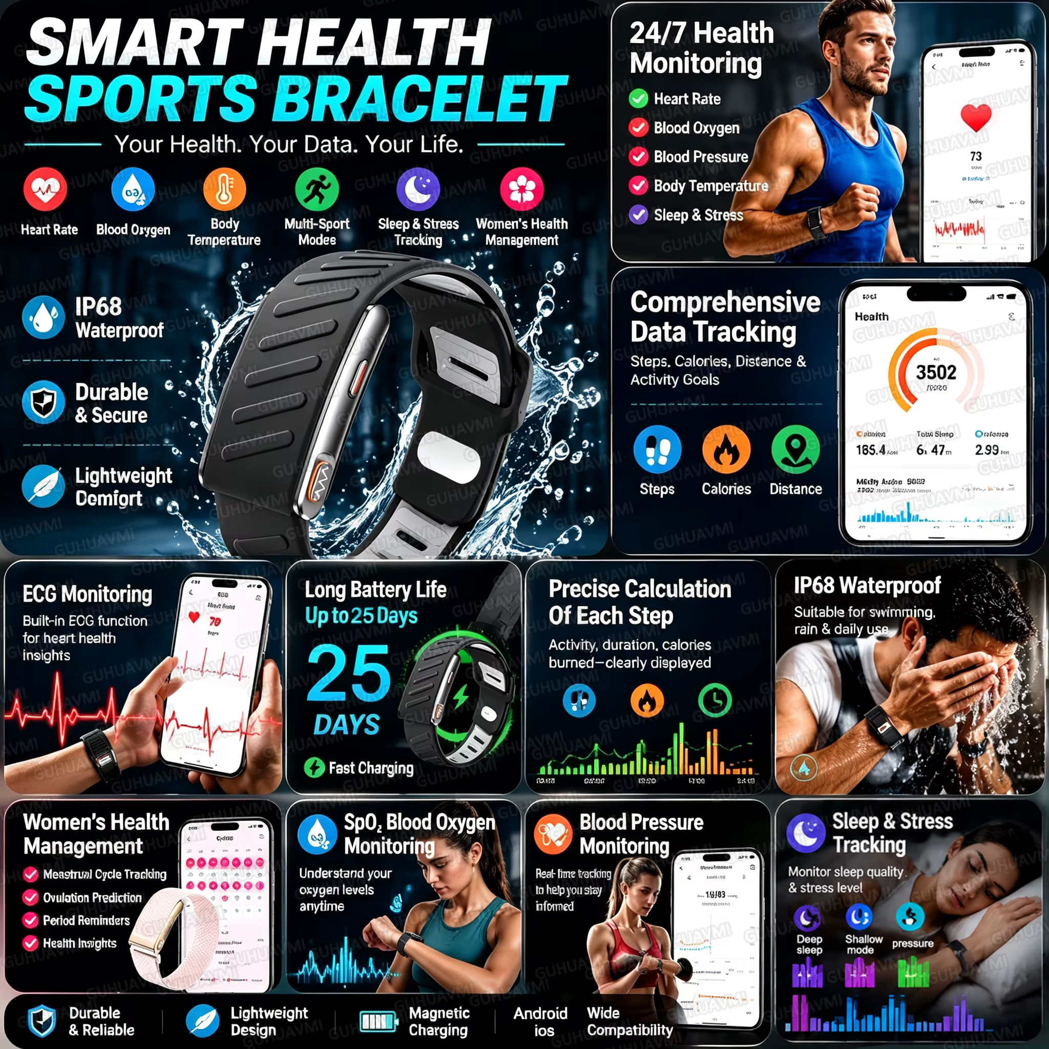 Bracelet connecté intelligent avec moniteur ECG