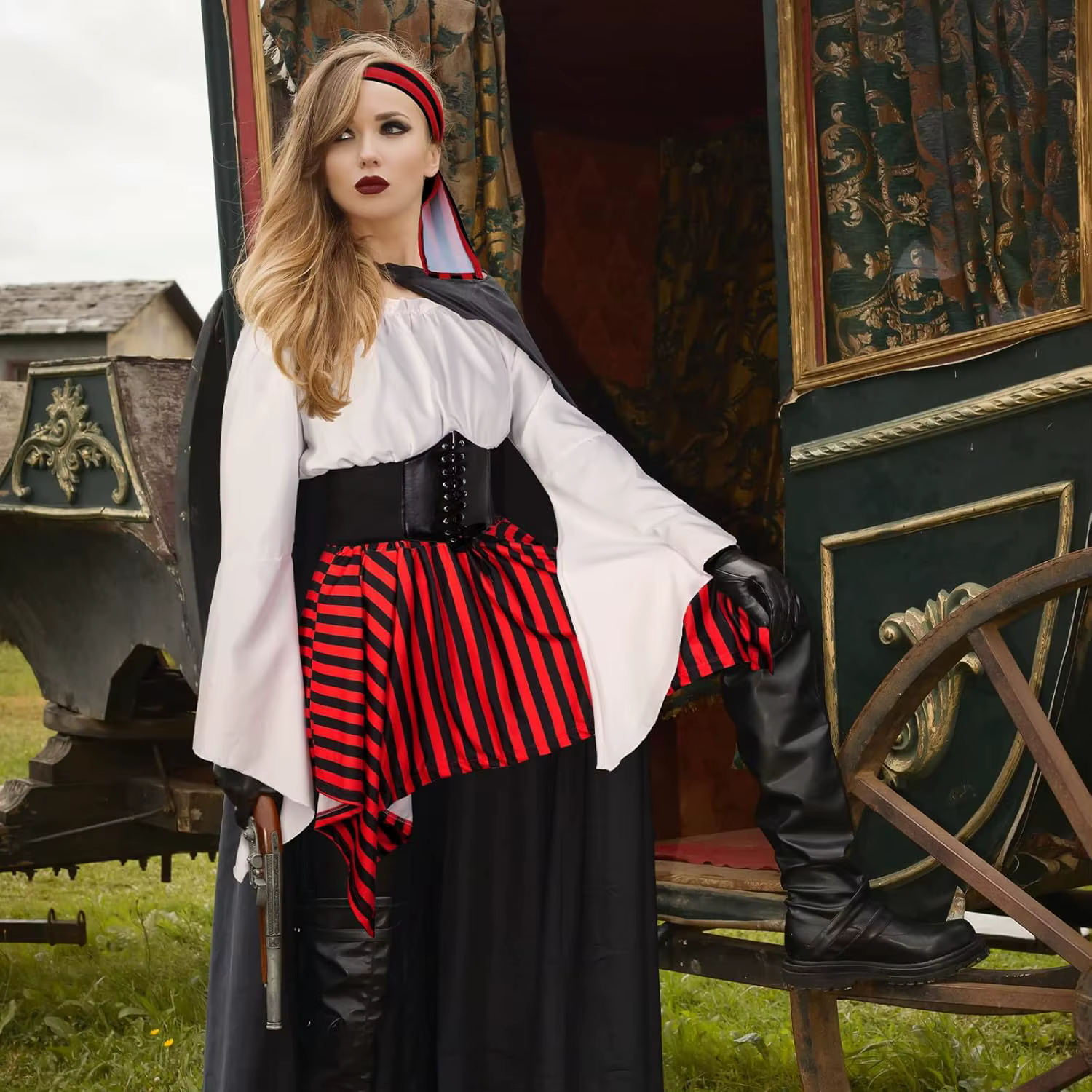 Costume de pirate pour femme pour Halloween, chemisier de pirate Renaissance, corset, ceinture, jupe de pirate pour fête d'Halloween, 4 pièces