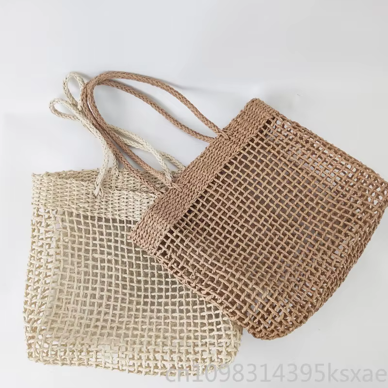 Sac à bandoulière pour femme, sac de plage spacieux en raphia tressé, maille ajourée, style vintage bohème minimaliste pour les vacances