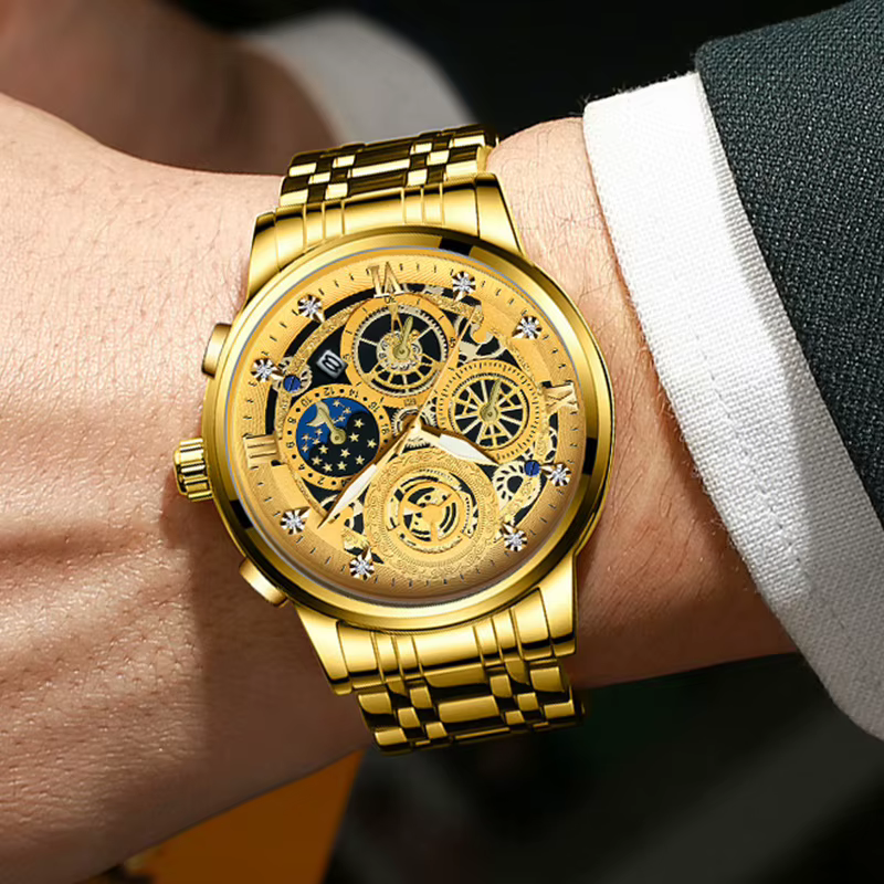 BINBOND luxe Quartz pour hommes montre bracelet en acier inoxydable cadran