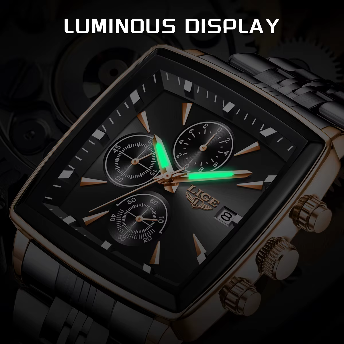 LIGE mode montres de luxe pour hommes cadran carré en acier inoxydable étanche lumineux Auto Date chronographe Quartz homme montre + boîte