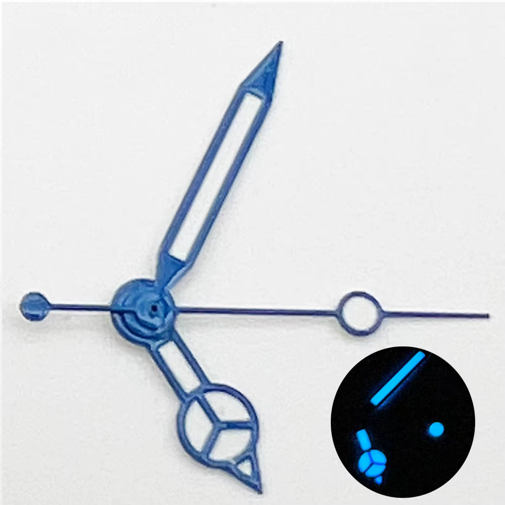 Aiguilles de montre lumineuses bleues et vertes