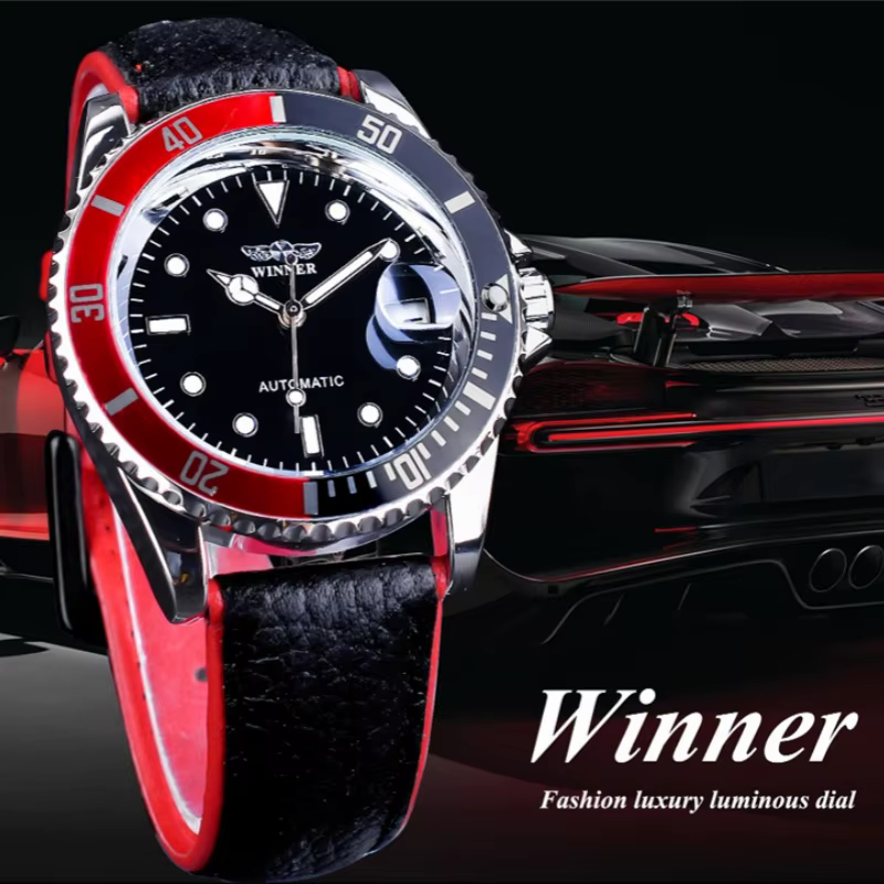 WINNER 002 montre-bracelet mécanique automatique pour hommes aiguilles lumineuses Date mode acier inoxydable et bracelet en cuir horloge cadeaux