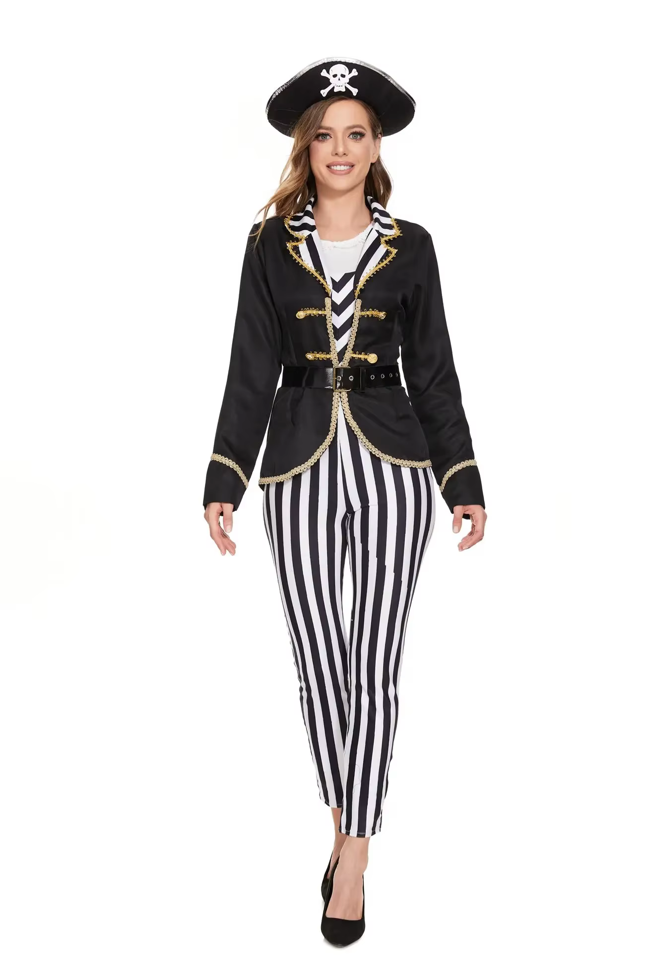 Costume de capitaine pirate pour femmes, pantalon rayé noir et blanc, tenue de cosplay pour Halloween, déguisement de carnaval, robe de fantaisie avec chapeau