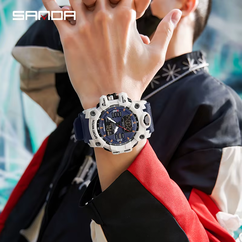 SANDA double affichage hommes montres étanche montre de sport militaire homme alarme chronomètre Quartz montre-bracelet mâle LED horloge numérique 6126
