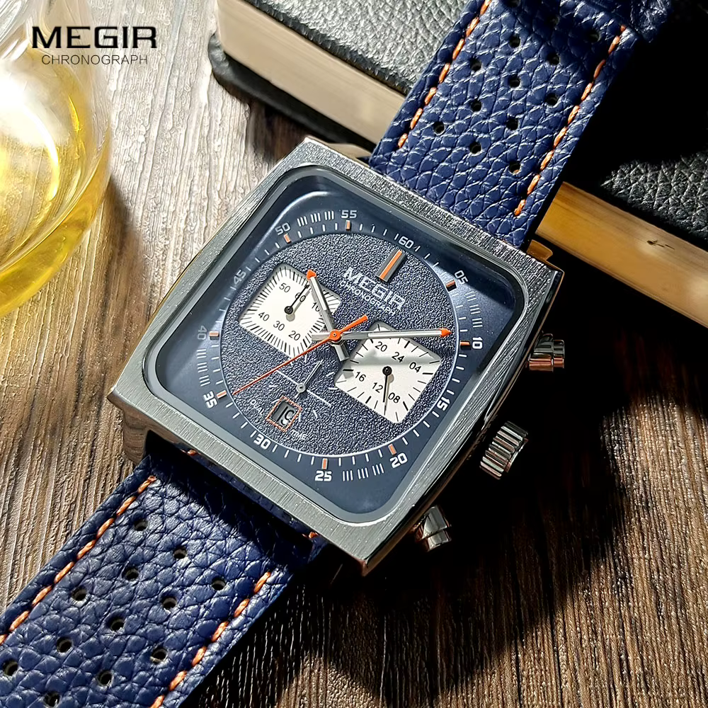 Montre MEGIR à cadran carré bleu pour homme