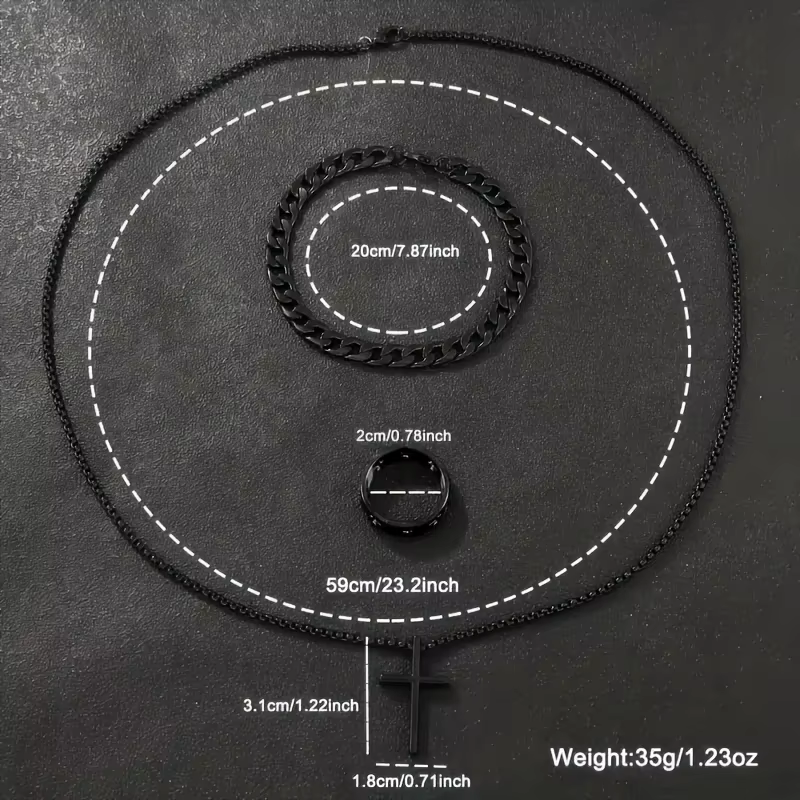 Ensemble de montre à quartz pour hommes 8 pièces, avec un cadran circulaire noir, un bracelet, un collier et une bague