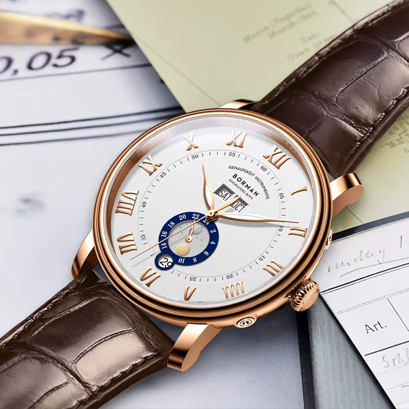 BORMAN BM3558 montres automatiques pour hommes 40mm montre de luxe 50M montre-bracelet mécanique étanche saphir fermoir papillon mois semaine