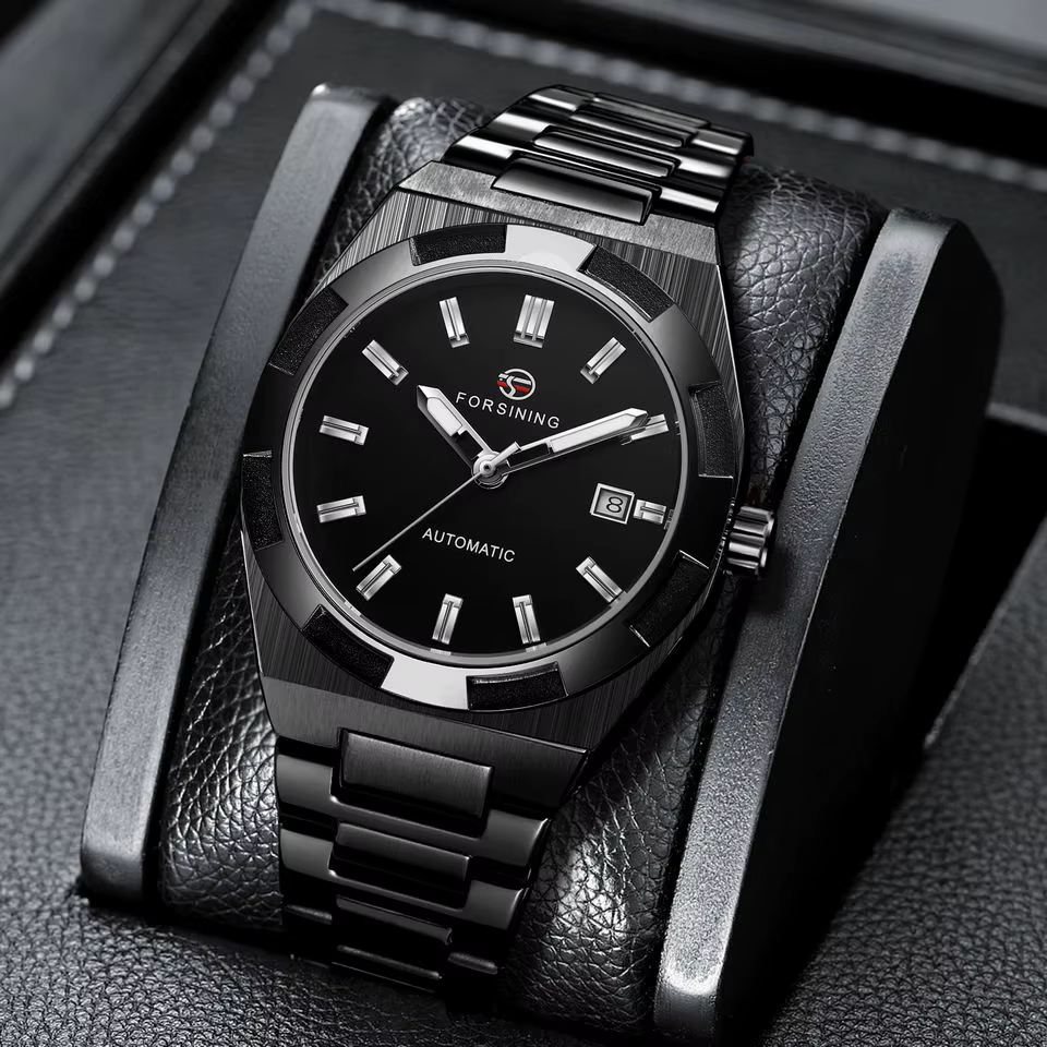 Nouveau noir hommes d'affaires Style classique décontracté automatique auto-vent montre mécanique bracelet en acier inoxydable grand cadran analogique calendrier