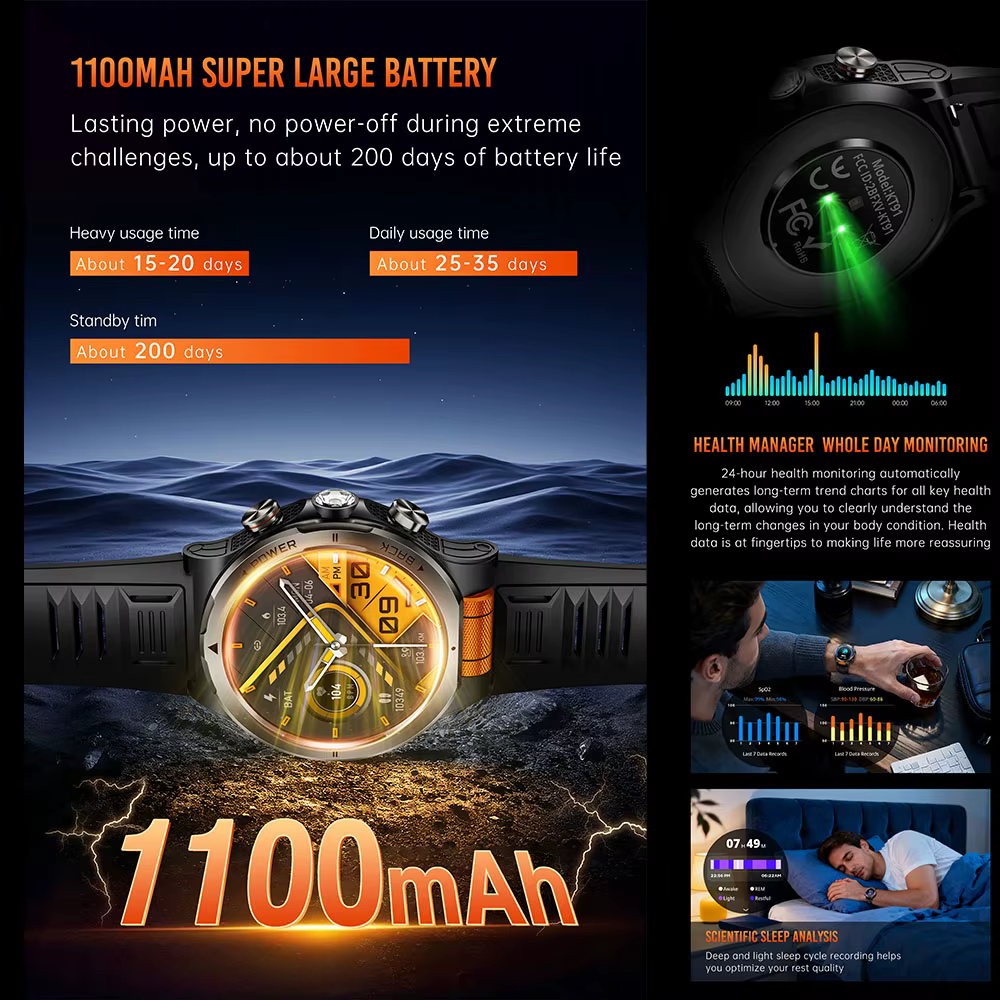 Montre connectée étanche 3ATM, moniteur de santé et d'oxygène sanguin, appels Bluetooth, contrôle de la musique, plus de 100 modes sportifs, montre de fitness