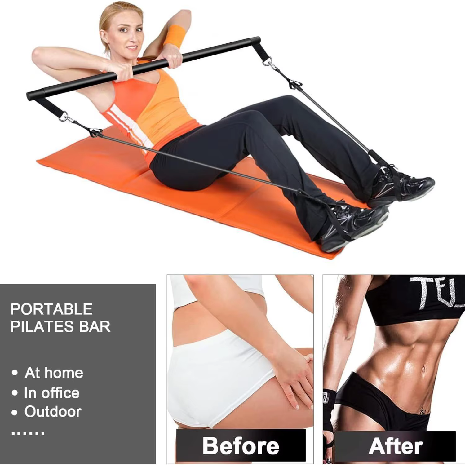 Kit de barre de Pilates avec bandes de résistance réglables, équipement d'entraînement à domicile, barre de musculation pour le corps entier, pour le yoga, la remise en forme et le renforcement du tro