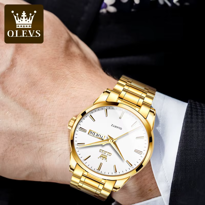 OLEVS classique or montres pour haut de gamme de luxe affaires en cuir étanche lumineux en acier inoxydable hommes montre-bracelet à Quartz