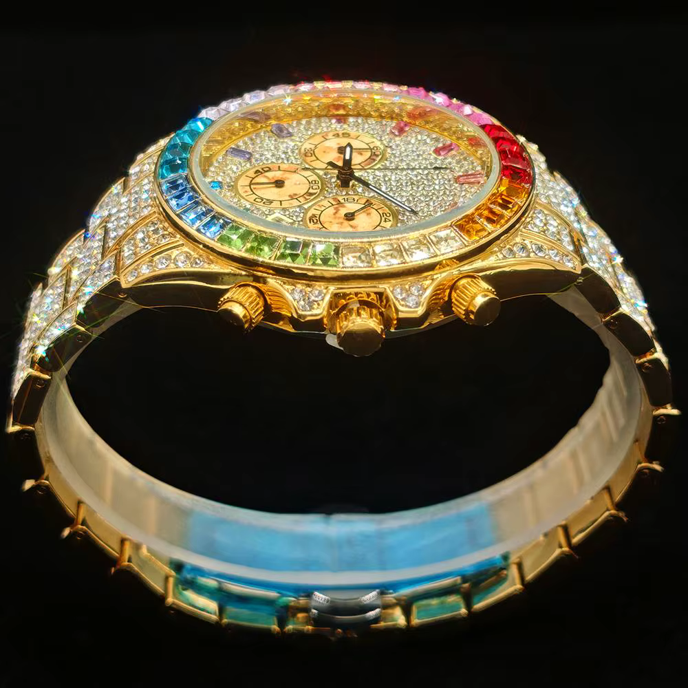 Vente chaude mode montre en or pour hommes marque UNIGUET Hip Hop arc-en-ciel diamant brillant bijoux Quartz montre-bracelet mâle livraison directe