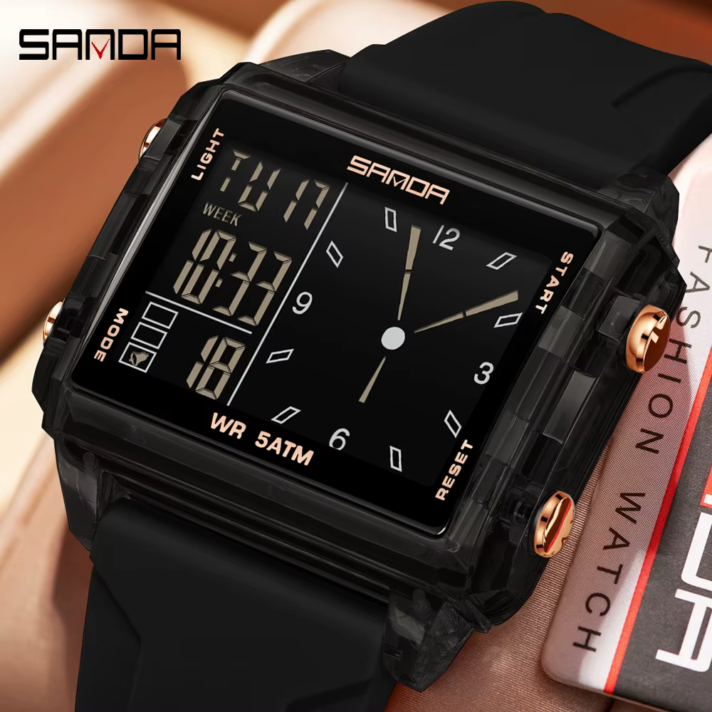 SANDA mode montre analogique électronique pour hommes femmes étanche cadran carré compte à rebours minuterie montre-bracelet numérique homme heure mondiale