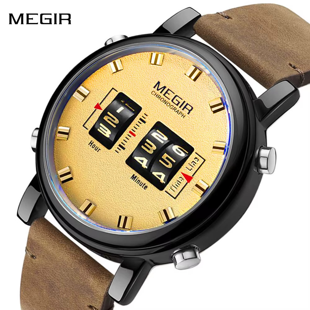 Montre-bracelet numérique MEGIR Roller, cadran numérique, mouvement à quartz, montre de sport pour homme, 3ATM étanche, bracelet en cuir, montres Reloj Hombre