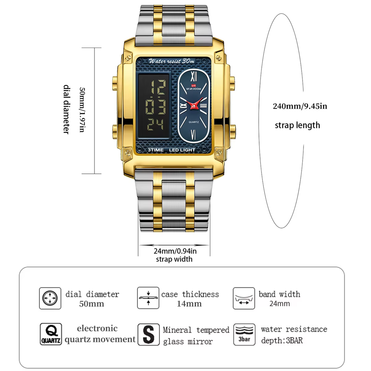 Montre électronique pour hommes avec écran LED rectangulaire de 50 mm