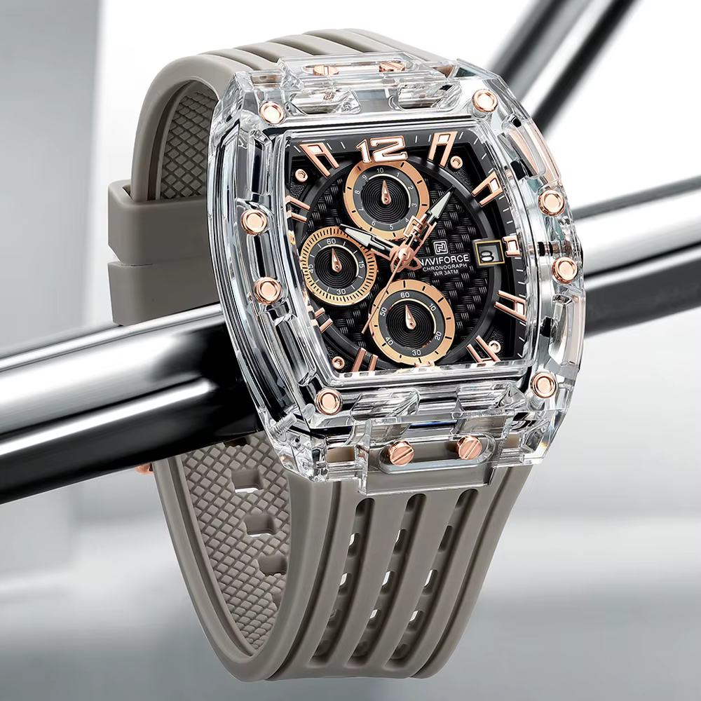 NAVIFORCE 2025 nouveau Design Transparent Tonneau montre hommes Quartz homme montres étanche luxe Sport porte