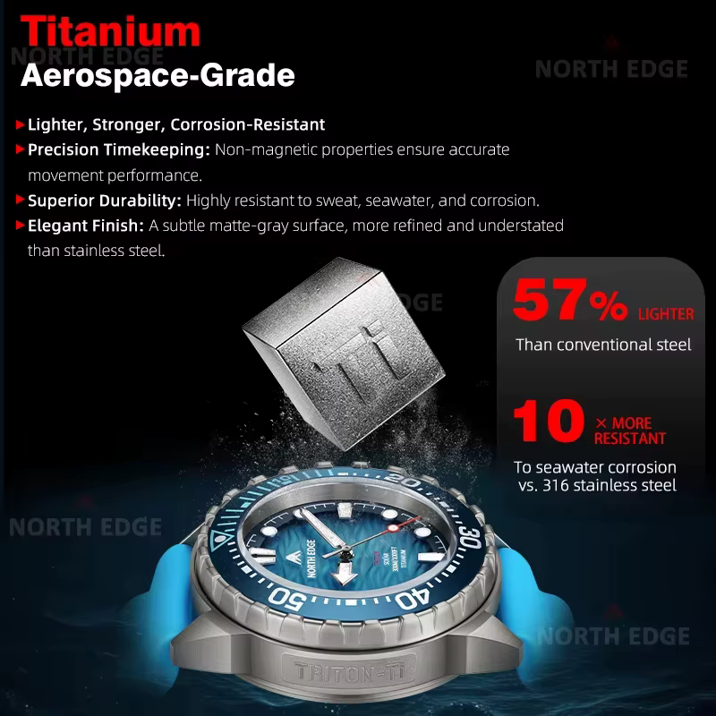 Montre de plongée solaire NORTH EDGE TRITON-TI en titane et acier inoxydable