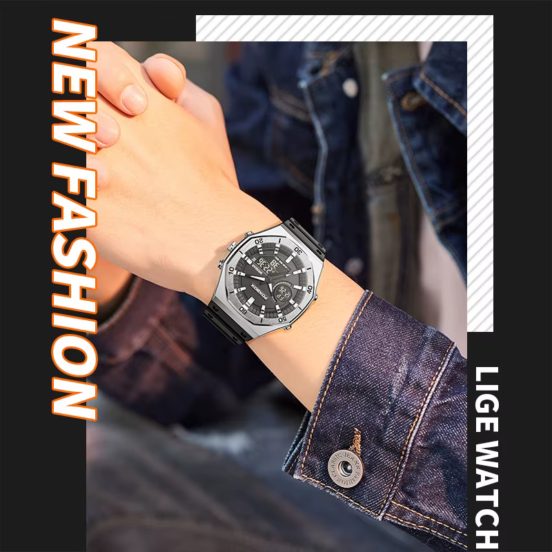 FOXBOX nouvelles montres à double affichage pour hommes sport décontracté chronographe Quartz grand cadran montre-bracelet Silicone étanche horloge numérique