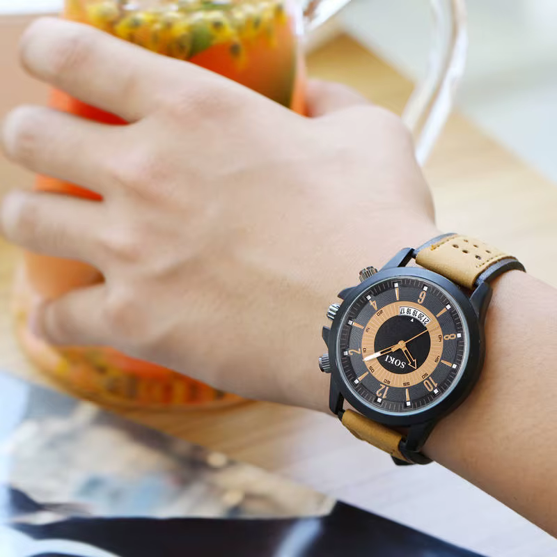 Montres-bracelets de sport avec bracelet en cuir pour hommes