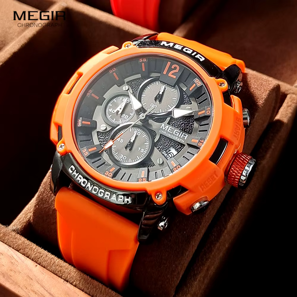 MEGIR Orange Sport montres pour hommes mode étanche lumineux chronographe Quartz montre-bracelet avec Date automatique bracelet en Silicone 2208