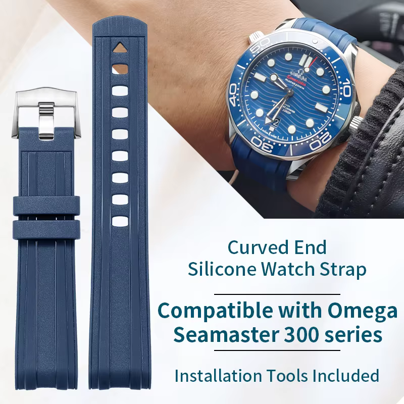 Bracelet en caoutchouc de silicone à extrémité incurvée d'origine pour montre pour hommes Omega Seamaster 300M 42 mm - Design plongeur noir