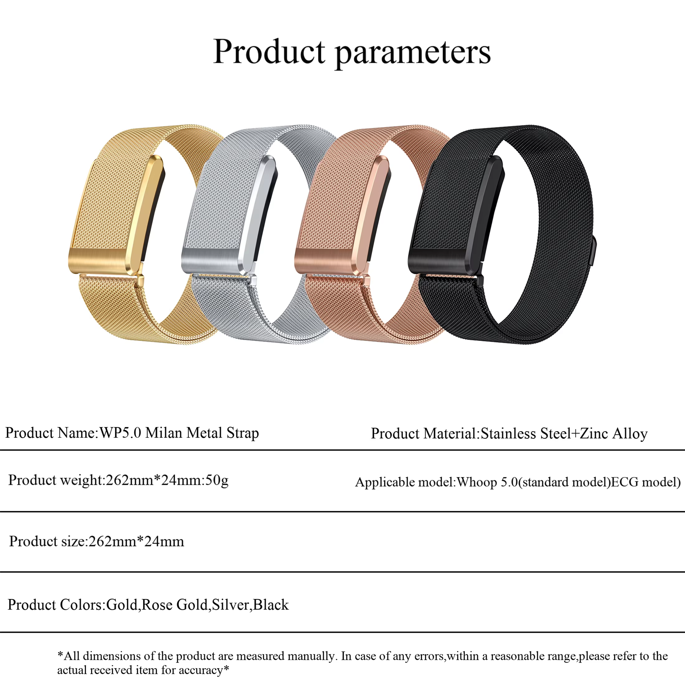 Bracelet de montre magnétique en métal milanais pour Whoop 5.0 (versions standard et ECG)