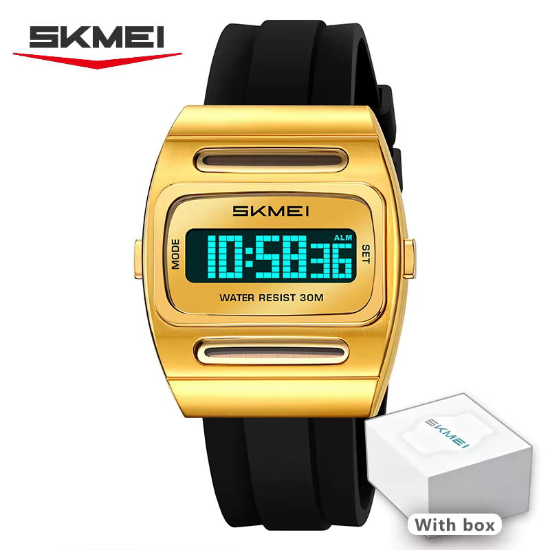 Montre numérique à énergie solaire pour homme SKMEI – Boîtier carré doré rétro