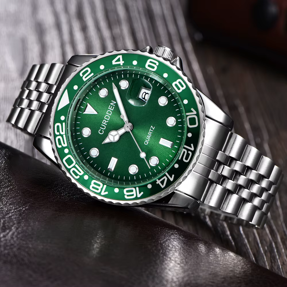 Femmes grande marque véritable CURDDEN 6582 montres dame décontracté entièrement en acier inoxydable bande Date Quartz montre-bracelet vert Montre Homme