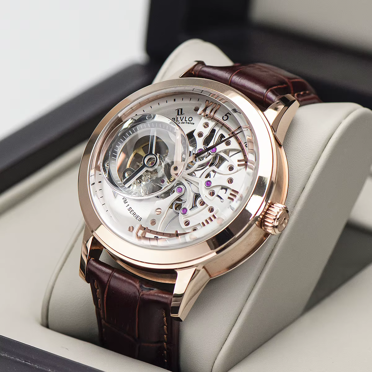 OBLVLO Luxe Rétro Casual Hommes Squelette Automatique Montres Mécanique Bracelet En Cuir De Veau Cristal Minéral Verre Étanche Cadran 45 VM