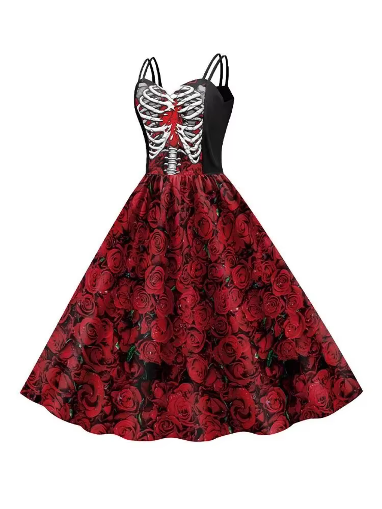 Costumes d'halloween pour femmes, imprimé tête de mort, col licou, tunique sans manches, robes de soirée Vintage, vêtements gothiques, mascarade, nouvelle collection