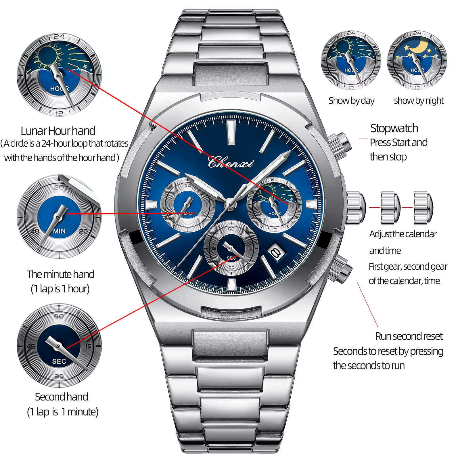 Montres pour hommes classique multifonctionnel chronographe montre de sport haut de gamme en acier inoxydable étanche lumineux montre-bracelet à Quartz