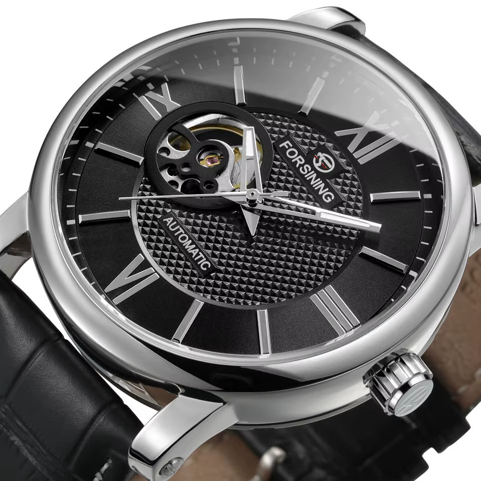 Forsining mode squelette montre mécanique pour hommes cadran bleu ceinture en cuir affaires automatique