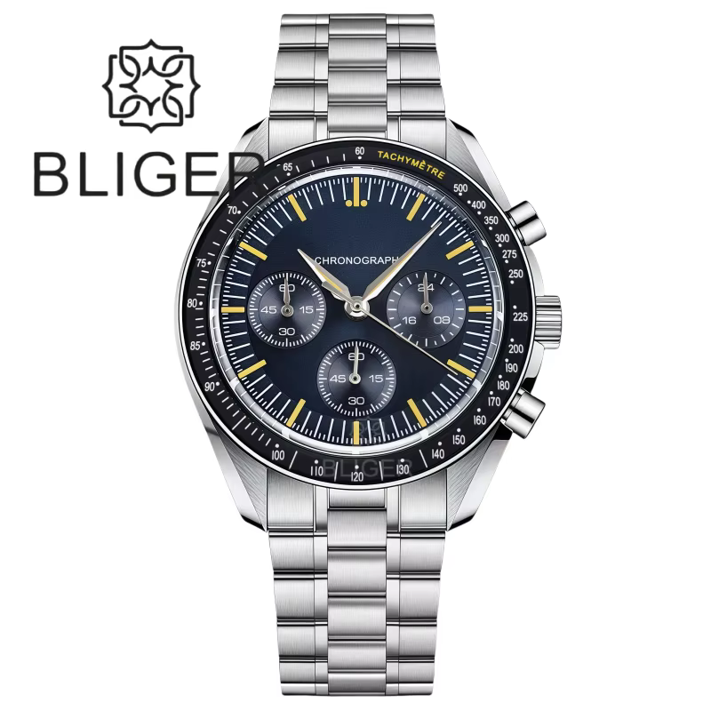 BLIGER 39mm Vintage lune chronographe montre pour hommes VK63 mouvement à Quartz en acier inoxydable bulle cristal étanche vert lumineux