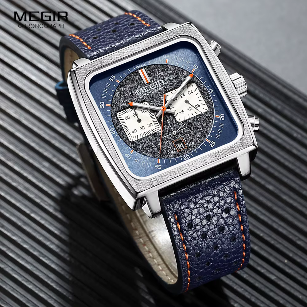 Montre MEGIR à cadran carré bleu pour homme